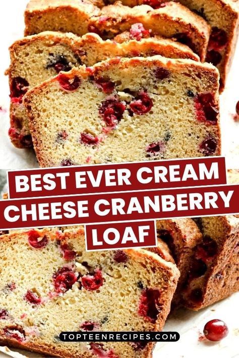 Looking for the perfect cranberry bread recipe? Look no further, because this cream cheese cranberry loaf is moist, flavorful, and quick to prepare! The tartness of the fresh cranberries is perfectly balanced with just enough sugar. Moist Cranberry Bread, Cranberry Cream Cheese Loaf Recipe, Cranberry Bread With Cream Cheese, 12 Tomatoes Cream Cheese Cranberry Loaf, Cranberry Orange Cream Cheese Bread, Xmas Bread Recipes, Cream Cheese Loaf Bread, Cream Cheese Cranberry Bread Cooktop Cove, Cream Cheese Cranberry Bread Recipe