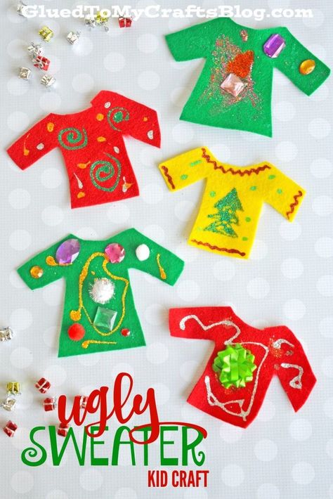 Felt Ugly Sweater - Kid Craft. Cute activity for #Christmas speech therapy! #uglysweater #kidcrafts #gluedtomycrafts Christmas Kids Art Projects, Holiday Party Crafts, Ugly Christmas Sweater Ornament, Ugly Sweater Day, Diy Christmas Sweater, Diy Ugly Christmas Sweater, December Crafts, Kid Craft, Christmas Activities For Kids