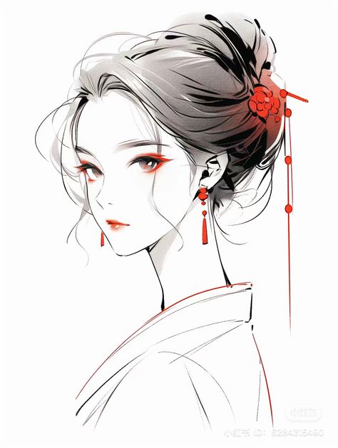 Chinese Style Drawing, Chinese Anime Art, Chinese Anime Woman, Chinese Woman Art, Chinese Girl Drawing, Asian Girl Drawing, Chinese Character Design, Chinese Manga, Asian Style Art