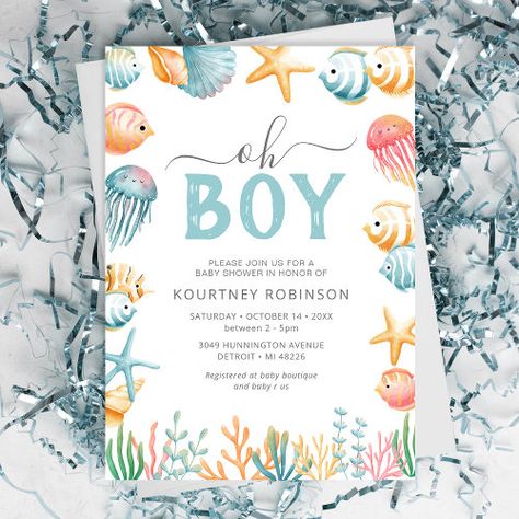 Under the Sea Oh Boy Baby Shower #babyshower #underthesea #ocean #watercolor #cute #ohboybabyshowerinvitations #summer #seathemedbabyshower #boy #nautical Storybook Theme, Baby Boy Invitations, Sea Baby Shower, Sea Plants, Watercolor Tropical, Baby Shower Templates, Baby Shower Supplies, Boy Baby Shower Themes, Background Watercolor