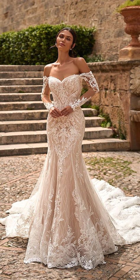 24 Best Lace Wedding Dresses With Sleeves ❤ lace wedding dresses with sleeves mermaid off the shoulder val stefani ❤ #weddingdresses #laceweddingdresses #longsleeveweddingdresses Custom Wedding Dress Sleeves, Lace Slim Wedding Dress, Off The Shoulder Mermaid Wedding Dress Long Sleeve, Mermaid Sleeve Wedding Dress, Lace Mermaid Wedding Dress With Long Sleeves, Mermaid Wedding Dress Elegant, Long Lace Wedding Dress, Mermaid Dresses Wedding, Long Sleeve Off Shoulder Wedding Dress