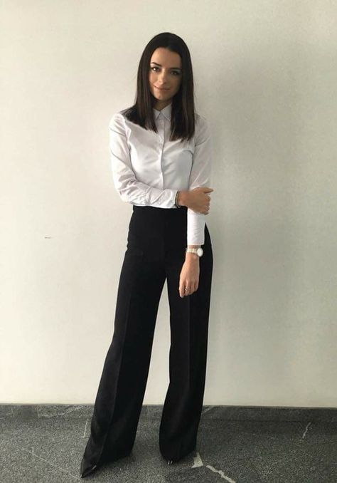 Dress Pants Formal Outfits, Blouse And Slacks Women, White Shirt And Black Pants Women Formal, White Top Black Bottom Outfit Formal, Black Slacks White Button Up Women, White Shirt Black Trousers Outfit Women, White Shirt And Black Trousers For Women, White Button Up And Black Pants, White Formal Shirt Outfit Women