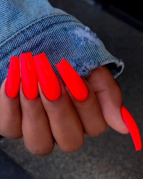 Neon Red Nails, Nails Birthday, Nail Glitter Powder, Red Acrylic Nails, Simple Acrylic Nails, Vibrant Nails, Neon Red, Glitter Powder, Nail Glitter