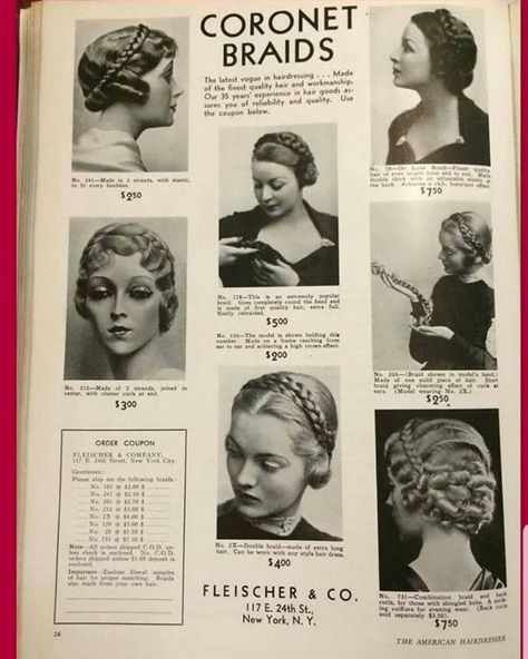 These 1930s hairstyles with braid hair pieces are so pretty. Which is your favorite? Hairstyles Medium Long Hair, 1930's Hairstyles, Hairstyles 1900, 1930 Hair, Clip In Braids, 1930s Hairstyles, 1930s Hair, Historical Hairstyles, Finger Wave Hair