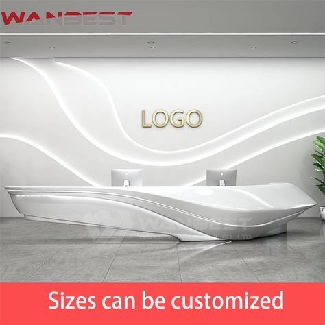 Futuristic Reception Design, Creative Reception Desk Design, Futuristic Reception, Fabric Shop Display, White Reception Desk, Reception Office, Reception Table Design, White Reception, Stone Furniture