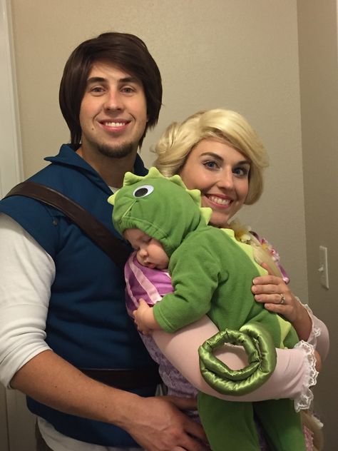 Baby Chameleon Costume, Rapunzel And Chameleon Costume, Disney Baby Costume, Halloween Costume Ideas Mom And Son, Cute Family Of 3 Costumes, Father Son Halloween Costumes Baby, Family Of 3 And Pregnant Halloween, Family Tangled Costumes, Tangled Family Halloween Costumes