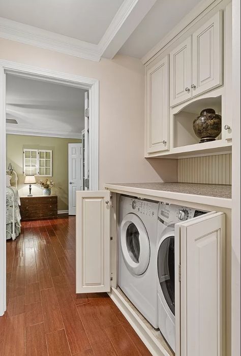 How To Hide Washer And Dryer In Bathroom, Disguise Washer And Dryer, Washer Dryer Doors, Enclosed Washer And Dryer Spaces, Home Office And Laundry Room Combo, Doors To Cover Washer And Dryer, Enclosed Washer And Dryer, Hidden Laundry In Bathroom, Bathroom With Washer And Dryer Layout