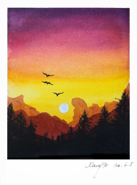 How to draw a sunset landscape step by step tutorial for beginner easy DIY Sunset Drawing Easy, Mountain Sunset Painting, Easy Nature Drawings, Sunset Painting Easy, Sunset Drawing, Easy Scenery Drawing, Drawing Sunset, Ocean Art Painting, Watercolor Scenery