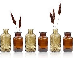 Rinlong 6Pcs Amber Glass Vase Small Bud Vases Brown Textured Rustic Decorative Glass Bottles for Flowers Vase Mini Wedding Centerpiece Vases Decor Fall Wedding Circle Table Decor, Brown Decorations Party, Boho Centerpieces Wedding, Rustic Wedding Cake Stand Wood, Amber Vases, Freedom Vibes, Desert Wedding Decor, Fireplace Bookshelf, Decorative Glass Bottles