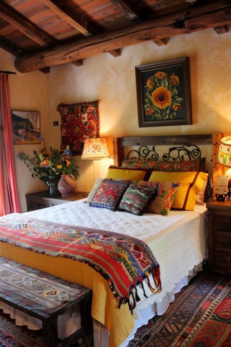 Design your Mexican farmhouse bedroom, kitchen, bathroom, living room, and more with these 15 decor tips. Hacienda Bedroom Decor, Rustic Home Decor Farmhouse, Mexican Colonial House Interior Design, New Mexico Decor Interior Design, Mexican Apartment Aesthetic, Mexican Bedroom Aesthetic, Spanish Room Decor, Mexican Apartment Decor, Southwest Decorating Ideas