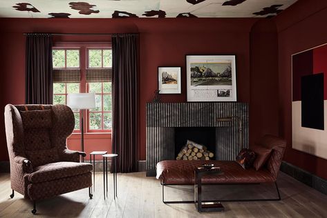 Chad Dorsey Design Burgundy Office, Mercer House, Dark Red Colour, Burgundy Walls, Los Angeles Interior Design, Country Dining, Listening Room, All White Kitchen, Matching Furniture