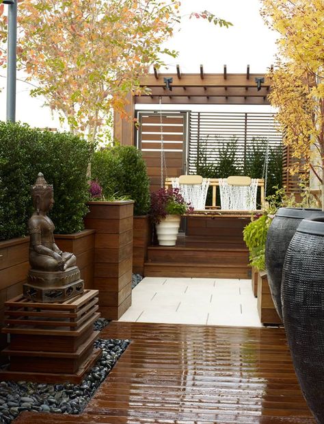 Rooftop - wood with rocks - swing, buddah on rocks, big flower pots, greenery, etc.. Indoor Zen Garden, Penthouse Terrace, Contemporary Deck, Terrasse Design, Zen Garden Design, Terrace Decor, Pergola Design, Asian Garden, Upper West Side