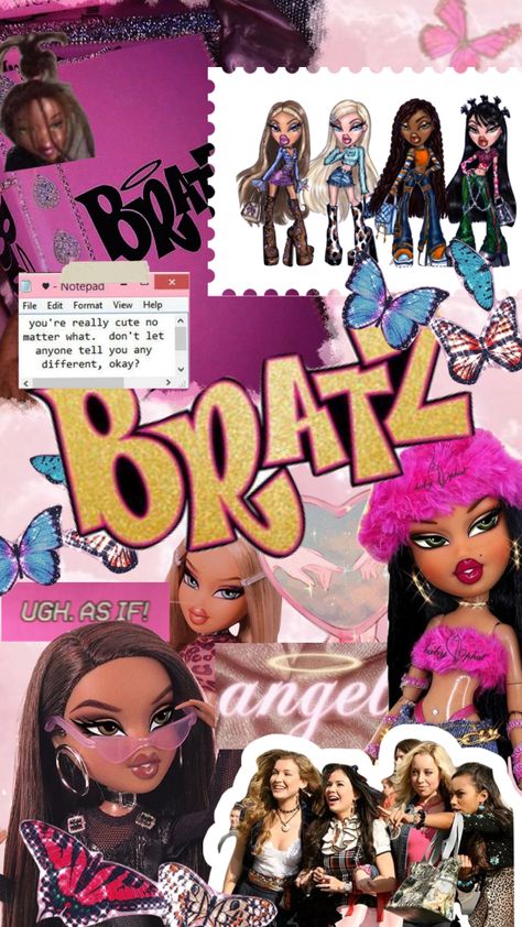 #bratz #aesthetic #moodboard #y2kcore #pinkenergy #bratzmoodboard Bratz Dolls Aesthetic Quotes, Bratz Moodboard, Sasha Bratz Aesthetic Wallpaper, Bratz Poster Aesthetic, Bratz Pixiez Aesthetic, Bratz Collage Wallpaper, Bratz Magazine Cover, Bratz Aesthetic, 2000s Baby