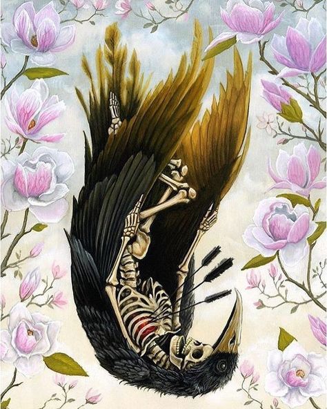 Crow Skeleton, Fall Illustration, Falling Flowers, Black Bird Tattoo, Bizarre Magazine, Beautiful Bizarre, Arch Enemy, Bone Art, Autumn Illustration