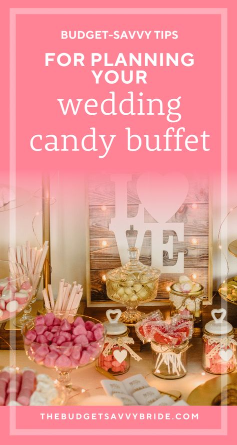 Considering creating a candy buffet for your wedding favors? Check out these tips for putting together a beautiful and budget-friendly candy display. Wedding Shower Candy Bar, Wedding Candy Bar Buffet, Candy Bar Wedding Reception, Candy Bar Wedding Favors, Candy Station Wedding, Pink Candy Bar, Diy Candy Buffet, Candy Buffet Bar, Wedding Candy Table