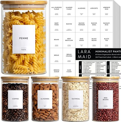 242 Minimalist Pantry Label Set, Black Text on White Vinyl Waterproof Label Sticker with Removable Adhesive - Fits on round, square and rectangle glass jars - Organize Baking, Grains, Beans and Snacks Food Label Sticker, Kitchen Pantry Labels, Spice Rack Organization, Pantry Containers, Perfect Pantry, Cereal Storage, Kitchen Labels, Plastic Canisters, Spice Labels