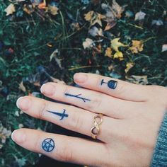 These tiny markings refer to the Minor Arcana of the Tarot deck: pentacles, swords, wands, and cups. | 19 Powerful Tarot Tattoos Tarot Tattoos, Pentacle Tattoo, Wand Tattoo, Cup Tattoo, Tarot Tattoo, Forever And Always, Pentacles, Minor Arcana, Tarot Deck