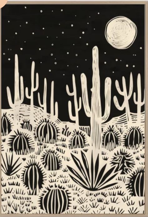 Cactus Linocut, Linocut Landscape, Desert Landscape Art, Painting Reference, Retro Graphic Design, Lino Art, Bounty Hunters, Eclectic Wall Art, Linocut Art