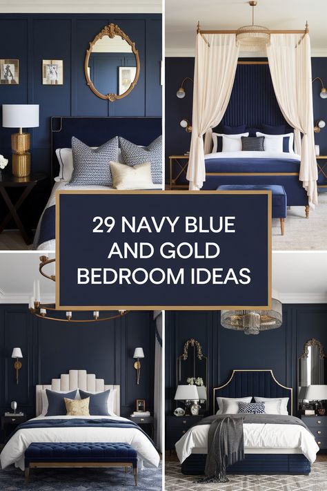 Navy blue and gold master bedrooms offer a sophisticated and calming aesthetic. Explore deep navy walls, gold accent furniture, and metallic bedding. Discover navy velvet headboards, gold-framed mirrors, and brass light fixtures.  Find inspiration for navy and gold throw pillows, gold geometric wall art, and plush navy carpets. Bedding For Navy Blue Walls, Bedroom With Brass Accents, Navy And Gold Bedroom Ideas Inspiration, Navy Gold Bedroom Ideas, Navy Bedroom Ideas Gold Accents, Navy Blue Bedding Ideas, Blue Gold Room, Navy Headboard Bedroom, Navy Blue Headboard Bedroom Ideas