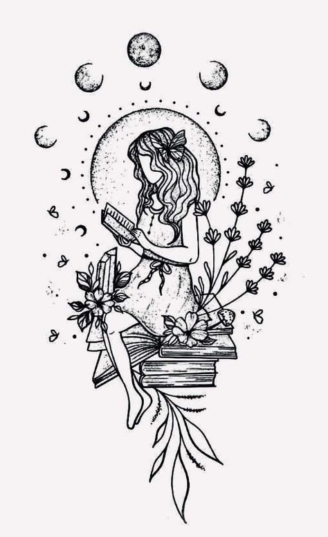 Fairy And Book Tattoo, Fantasy Reading Tattoo, Dark Romance Book Tattoo Ideas, Woman Reading Tattoo, Fairy Reading A Book Tattoo, Woman Reading Book Tattoo, Girl Reading Tattoo, Book Sketch, The Reader Tarot Card Tattoo