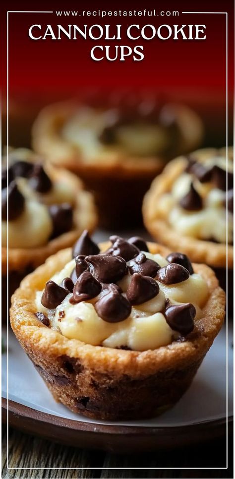 These Cannoli Cookie Cups are a delicious, bite-sized twist on the classic Italian cannoli. With a buttery cookie cup filled with creamy ricotta and mascarpone filling, and topped with mini chocolate chips and a dusting of powdered sugar, these treats are the perfect balance of crispy, creamy, and sweet. A fun and easy way to enjoy the flavors of a traditional cannoli without the hassle! Cannoli Bites Recipe, Bite Size Christmas Desserts, Cannoli Cookie, Cookie Cup Recipes, Cannoli Desserts, Italian Christmas Desserts, Ricotta Cookies Recipe, Dessert Bar Ideas, Italian Cannoli