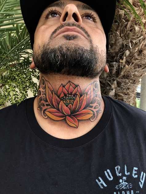 Flower Throat Tattoo, Neck Tattoos Women Throat Butterfly, Neck And Throat Tattoos Men, Chest Neck Tattoo, Flower Neck Tattoo, Best Neck Tattoos, Tattoo Session, Traditional Tattoo Flowers, Throat Tattoo