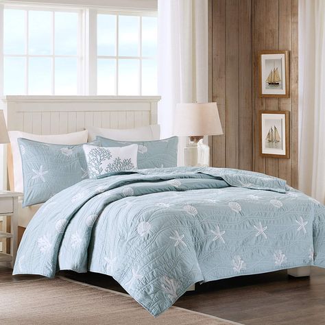 Harbor House Seaside 4 Piece Coverlet Set, Full/Queen, Dusty Blue * You can get more details by clicking on the image. (This is an affiliate link) Beach Bedding Sets, Coastal Bedroom Decorating, Coastal Bedding, View Beach, Beach Bedding, Harbor House, Beach Room, Coverlet Bedding, Coastal Bedrooms