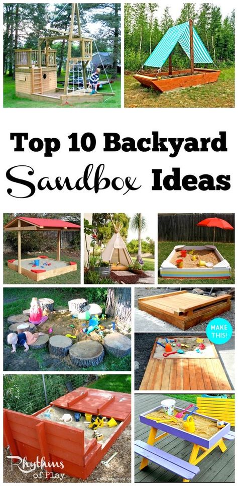 Backyard sandboxes are amazing outdoor sensory play spaces. You will find many more than 10 sandbox ideas for kids complete with plans that have directions on how to make an outdoor sandbox. Tips, tutorials, and hacks for every type of sandbox can be found; easy, natural, portable, boats, sand tables, convertible with seats or benches, with lids, and canopy's or covers to create shade and store. Whether you prefer to DIY or buy you will find what you are looking for! Outdoor Sensory Play, Sandbox Ideas, Backyard Sandbox, Diy Sandbox, Kids Sandbox, Outdoor Play Spaces, Outdoor Play Areas, Outdoor Play Area, Kids Outdoor Play