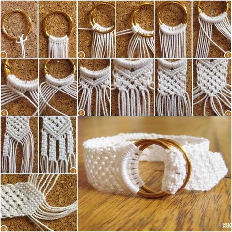 This white macrame belt is so fresh and pretty with a long Bohemian dress in Summer, love it when I first saw it. You can make it to be bracelet or hairband, or belt for others with this cute patterned knots tie. Enjoy!  If you want detailed tutorial, check how … Simpul Makrame, Art Macramé, Pola Kristik, Macrame Patterns Tutorials, Macrame Ideas, Macrame Knots, Macrame Tutorial, Macrame Art, Macrame Projects