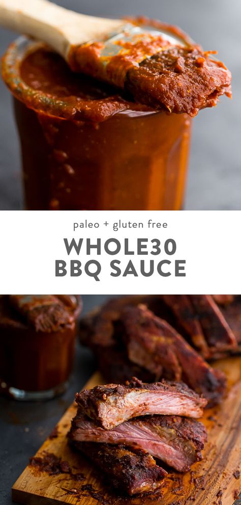 This Whole30 BBQ sauce is a delicious Whole30 condiment. Perfect on ribs, pulled pork, or chicken, this Whole30 BBQ sauce is spiced with chipotle powder and lightly sweetened with coconut aminos. A jar of this Whole30 BBQ sauce in the fridge will mean plenty of simple, flavorful Whole30 dinners! #whole30 #condiment Whole 30 Bbq Sauce, Whole 30 Sauces, Paleo Bbq, Paleo Condiments, Chipotle Powder, Whole30 Dinners, Coconut Aminos, Whole 30 Diet, Appetizer Bites