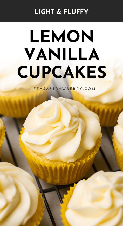 These easy lemon vanilla cupcakes are perfect for Easter, Mother's Day, or spring and summer baking! With a soft and fluffy lemon cupcake base, topped with easy lemon buttercream frosting. These vanilla cupcakes have a soft, moist crumb with plenty of lemon and vanilla flavor. Made from scratch with an electric hand mixer or stand mixer (although you can also mix by hand if you need to!) Includes plenty of step by step photos and a ton of notes to help you along with these homemade cupcakes! Lemon Cupcake Recipe, Lemon Cupcake, Lemon Buttercream Frosting, Fun Cupcake Recipes, Lemon Frosting, Vanilla Cupcake Recipe, Electric Hand Mixer, Lemon Buttercream, Homemade Cupcakes