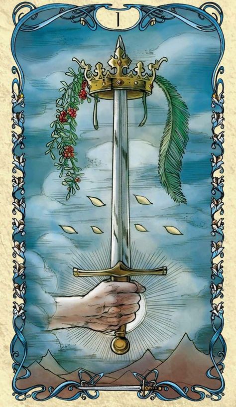 1 Swords - Tarot Mucha Tarot Mucha, Page Of Swords, Tarot Board, Ace Of Swords, Swords Tarot, 78 Tarot Cards, Golden Art, Witch Tarot, Tarot Meanings