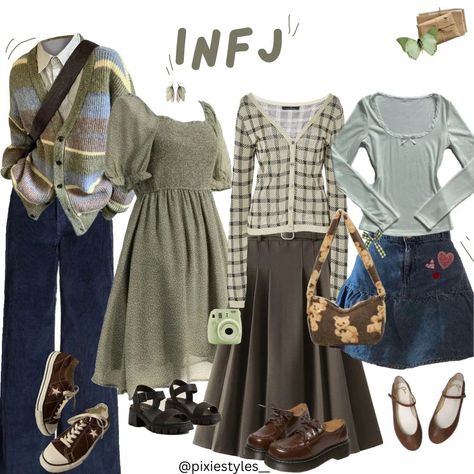 Sage Green and brown contrasts well here;)) Comment for the next personality type! Love y'all! . . . . . . . . 🏷️: #moodboard #moodboardaccount #moodboardaesthetic #moodboarding #pinterest #pinterestinspired #infj #harrypotter #mbtipersonality #aesthetic #explore #explorepage #fyp #fypシ #fall #fypage #nichememe #outfits #darkacademia #lookbook Infj Lookbook, Infj Clothes, Infj Core Aesthetic, Infj Fashion, Infj Outfits, Green Academia Aesthetic Outfit, Infj Aesthetics, Infj Core, Sage Green And Brown