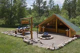 Log Homes Exterior, Fire Area, Backyard Camping, Survival Shelter, Golden Eagle, Log Cabin Homes, Timber House, A Picnic, Home Pictures