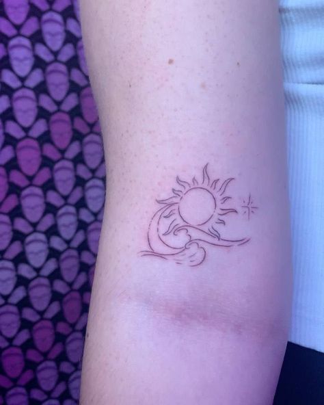 Fine line sun, moon and wave tattoo on the bicep Sun Moon Mountain Wave Tattoo, Sun Moon Wave Tattoo, Eclipse Tattoo, Jonboy Tattoo, Moon Sun Tattoo, Dolphins Tattoo, Wave Tattoo, Sea Tattoo, Ocean Tattoos