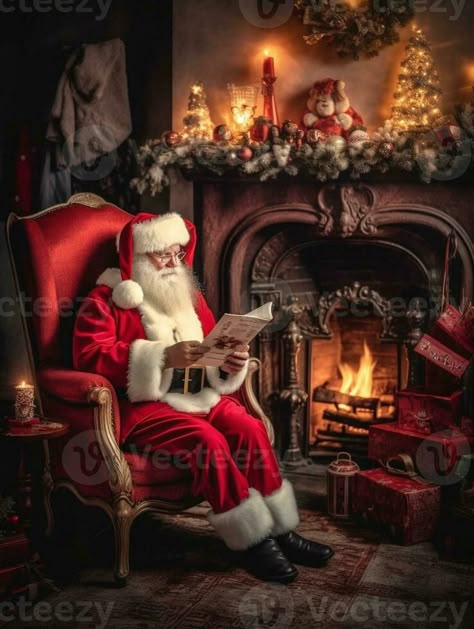 Checking his special list Traditional Santa Claus sitting at his chair and reading a letter with fireplace and Christmas Tree in the background, Generative AI Santa Claus Sitting In A Chair, Santa Sitting In A Chair, Fireplace And Christmas Tree, Christmas Toy Store, Santa Chair, Santa Reading, Free Christmas Backgrounds, Christmas Background Images, Chair Ideas