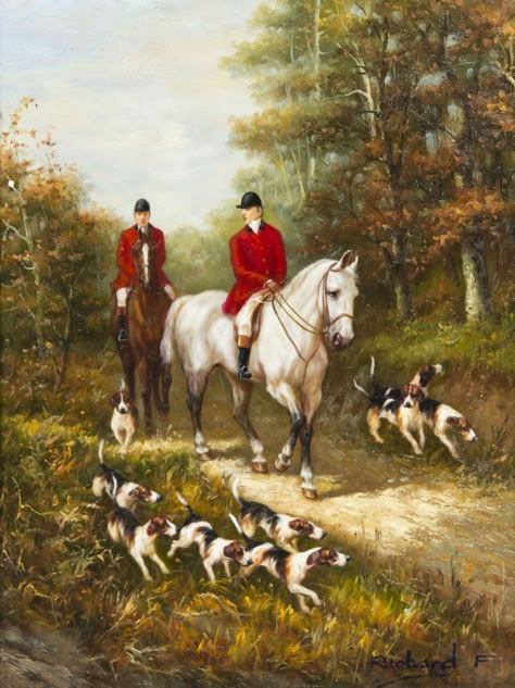 Beagle Dog Tattoo, Fox Hunter, Hunting Painting, Dog Tattoo Ideas, Training Puppy, Victorian Paintings, Tally Ho, Hunting Art, Fox Hunt