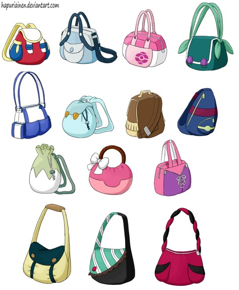 Pokébags - Snow White, Cinderella, Aurora, Ariel, Belle, Jasmine, Pocahontas, Mulan, Tiana, Charlotte, Rapunzel, Merida, Vanellope & Anna (by Hapuriainen @deviantART) Pokemon Bag Art, Pokemon Clothes Drawing, Hxh Outfits, Pokemon Items, Pokemon Bag, Backpack Drawing, Pokemon Names, Piskel Art, Pokemon Clothes