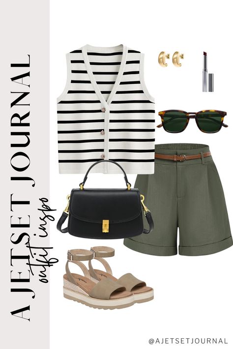 Discover how to style wide leg shorts this summer with five easy outfit ideas! From a sophisticated brown and white combo to a dressier olive green look with a cardigan vest, these outfits are perfect for any occasion. Complete each look with stylish accessories like trendy sunglasses and cute bags. Shop these versatile Amazon shorts and elevate your summer wardrobe effortlessly! Green Shorts Outfits Women, Olive Linen Shorts Outfit, Olive Green Shorts Outfit, Olive Spring Shorts, Military Style Green Shorts, Olive Summer Shorts, Olive Cotton Shorts, Green Shorts Outfit, Mountain Fashion