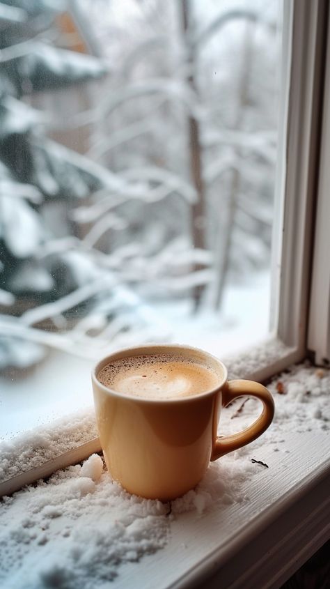 Cozy Winter Coffee: A warm cup of coffee sits on a snow-dusted windowsill against the backdrop of a wintry scene. #coffee #winter #snow #windowsill #warmth #aiart #aiphoto #stockcake ⬇️ Download and 📝 Prompt 👉 https://ayr.app/l/1yHZ Coffee In Snow Winter, Coffee Winter Aesthetic, Warm Coffee Aesthetic, Winter Coffee Photography, Coffee In Snow, White Coffee Aesthetic, Cozy Day Aesthetic, Snow And Coffee, Winter Coffee Aesthetic