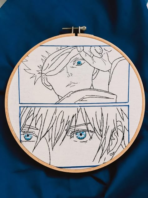 Manga Panel Embroidery, Gojo Satoru Embroidery, Gojo Cross Stitch, Jujutsu Kaisen Cross Stitch, Jujutsu Kaisen Embroidery, Jjk Embroidery, Anime Hand Embroidery, Jujutsu Kaisen Crochet, Jujutsu Kaisen Diy