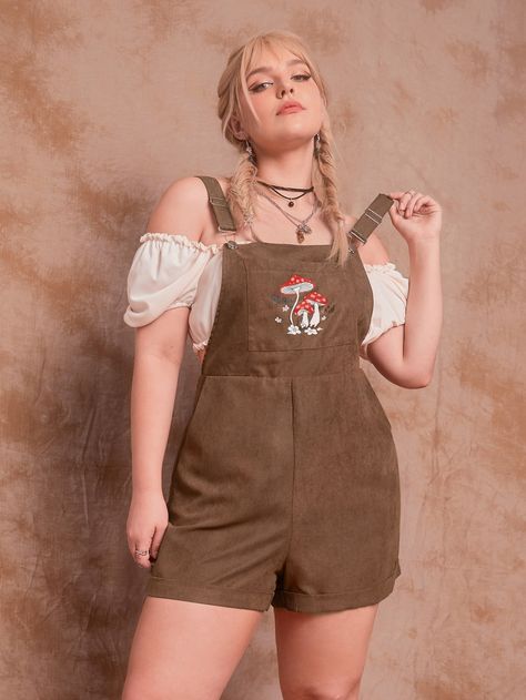 Really Cute Plus Size Overalls, with mushroom print. Click on the Link #cottagecore #fairycore #clothes #plusize #midsize Crowcore Outfit, Cute Overall Outfits, Barista Outfits, Mushroom Outfit, Mushroom Embroidery, Overall Romper, Cute Overalls, Overall Outfit, Clothing Design Sketches