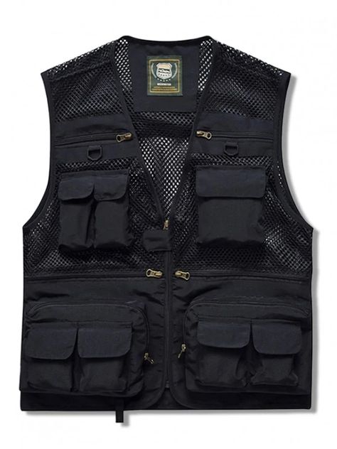 Zip Up Multi Pockets Mesh Cargo Vest #MensJackets #MensCoats Multi Pocket Vest, Photographer Outfit, Waistcoat Men, Cargo Vest, Fishing Vest, Streetwear Chic, Vest Outfit, Jacket Outdoor, Lightweight Vest