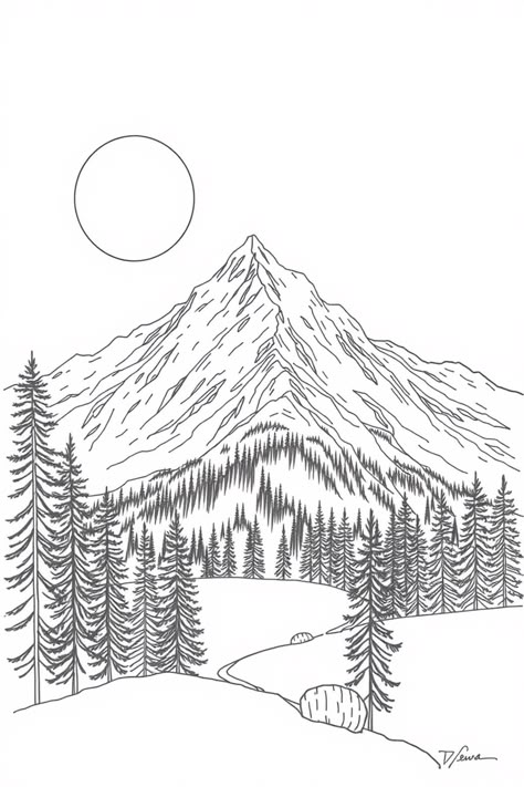 12+ Mountain Drawing Ideas: Various Styles & Skill Levels Mountain Drawing Simple, Mountain Range Drawing, Tent Drawing, Drawing Mountains, Draw Landscape, Sea Turtle Drawing, Pine Tree Drawing, Trees Drawing, Mountain Sketch