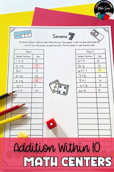 This collection of 5 low and no prep additon to 10 and additon to 12 dice games are perfect for your kindergarten and first grade students! These addtion  activities use dice, spinners, and counters for fun variety for your students! This collection of addition math centers include independent and partner games with simple directions and lots  of engagment! Dice Activities, Addition Fluency, Addition Within 10, Addition Math Centers, Math Center Games, Partner Games, Addition Games, Fun Math Activities, Center Activities