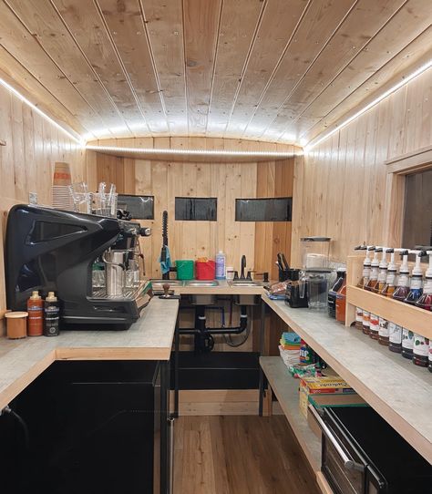 Coffee Trailers Design, Cafe Trailer Food Truck, Coffee Concession Trailer, Coffee Food Trailer, Camper Coffee Trailer, Coffee Van Ideas Mobile Cafe Interior, Coffee Mobile Bar Ideas, Black Coffee Trailer, Coffee Shop Camper