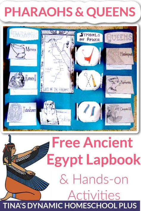 Fun Pharaohs and Queens Ancient Egypt Lapbook and Activities. If you're studying about ancient Egypt, this ancient Egypt lapbook about famous pharaohs and queens makes a great addition. Learning about pharaohs and queens helps kids to keep straight the different time periods in ancient Egypt.And use my other ancient civilization lapbooks to enhance your curriculum or use them stand alone. 26 page download free homeschool lapbook. Also, hands-on activities for a homeschool unit study. #lapbooks Egypt Lapbook, Ancient Egypt Lessons, Egypt Lessons, 6th Grade Social Studies, Ancient Civilization, Homeschool Education, Homeschool Encouragement, Unit Studies, Homeschool History