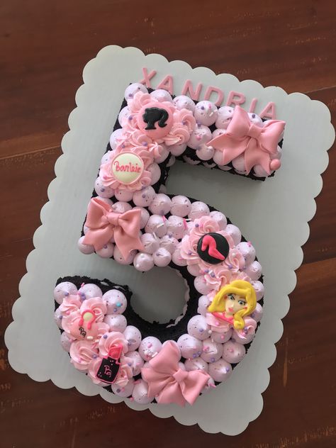 Barbie Number Cake, Number Five Cake, Number 5 Cake, Barbie Cupcakes, Barbie Bday, Barbie Birthday Cake, Pull Apart Cupcakes, Number Five, 6 Cake