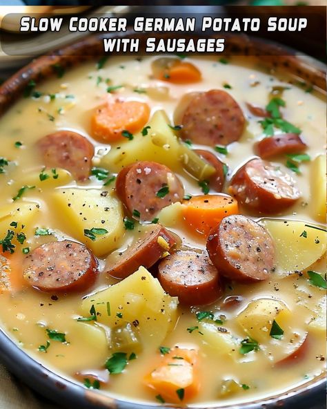 Crockpot Potato And Sausage Soup, Slow Cooker Sausage Soup, Sausage Stew Slow Cooker, Potato Soup With Sausage, Crockpot Sausage And Potatoes, German Potato Soup, Slow Cooker Potato, Kielbasa And Potatoes, Soup With Sausage