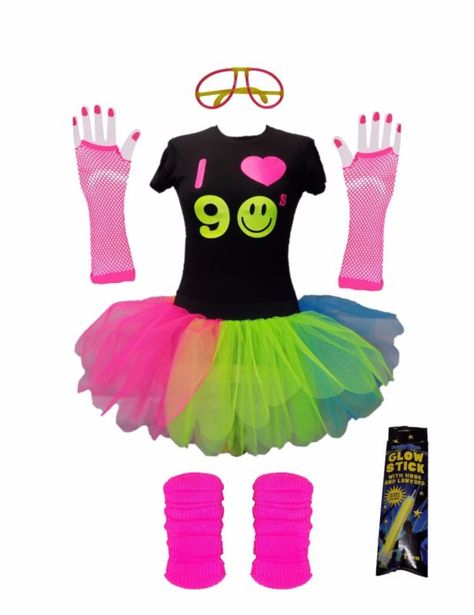 I Love 90s Neon Rainbow Tutu Skirt 90's Flo Fancy Dress T-Shirt Set Hen Party Neon Fancy Dress, Neon Party Outfits, 90s Fancy Dress, Neon Tutu, Neon T Shirt, 90s Theme Party Outfit, Neon Prom Dress, Neon Prom Dresses, Latina Outfit Ideas